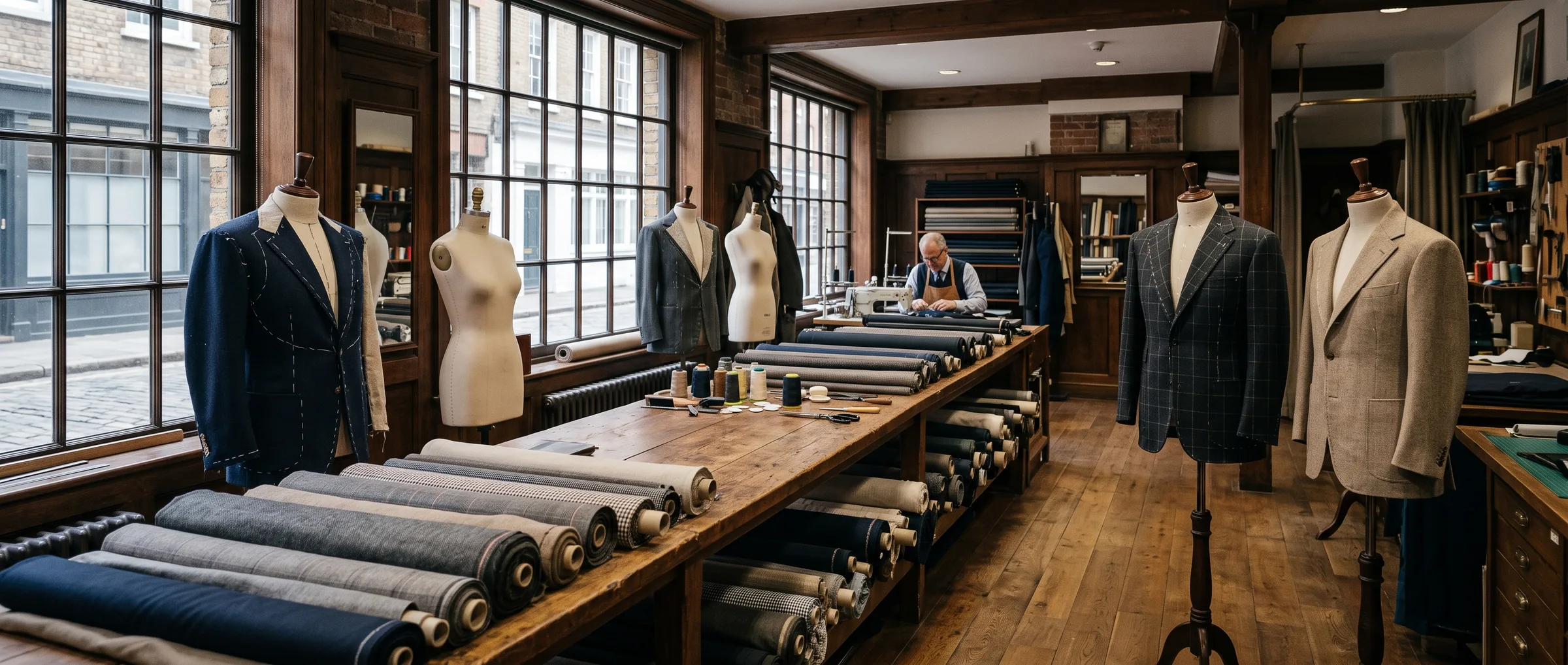A calm, ordered tailoring workshop with fabric bolts, dress forms, and daylight