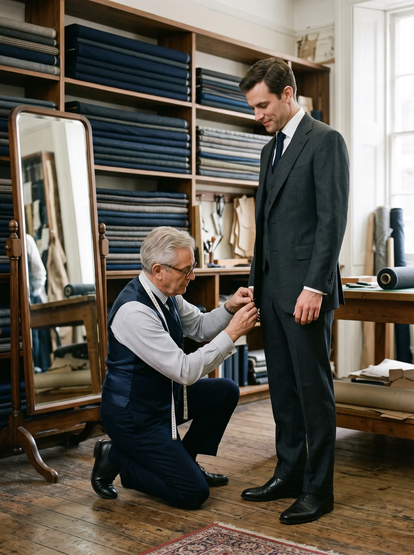 A tailor pinning the sleeve of a charcoal jacket during a fitting