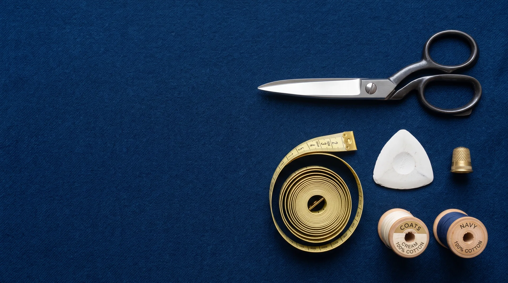 Tailor's shears, measuring tape, chalk, and thread on deep blue wool