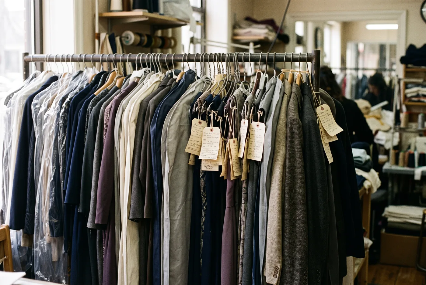 A garment rack crowded with handwritten paper claim tags